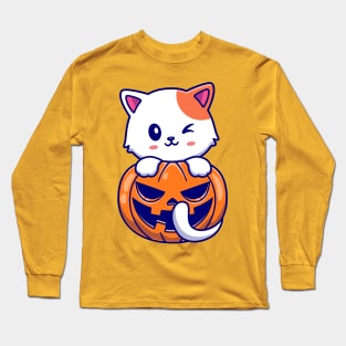 Cute Cat With Pumpkin Halloween Cartoon Long Sleeve T-Shirt